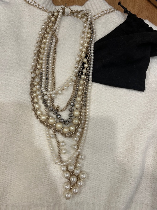 Ann Taylor Jewelry - Multi-Strand Pearl and Chain Statement Necklace - Ivory and Gold ann Taylor